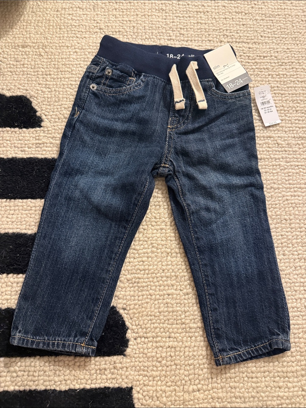 Kids Dark Blue Elastic-Waist Denim Pants with Drawstring baby gap